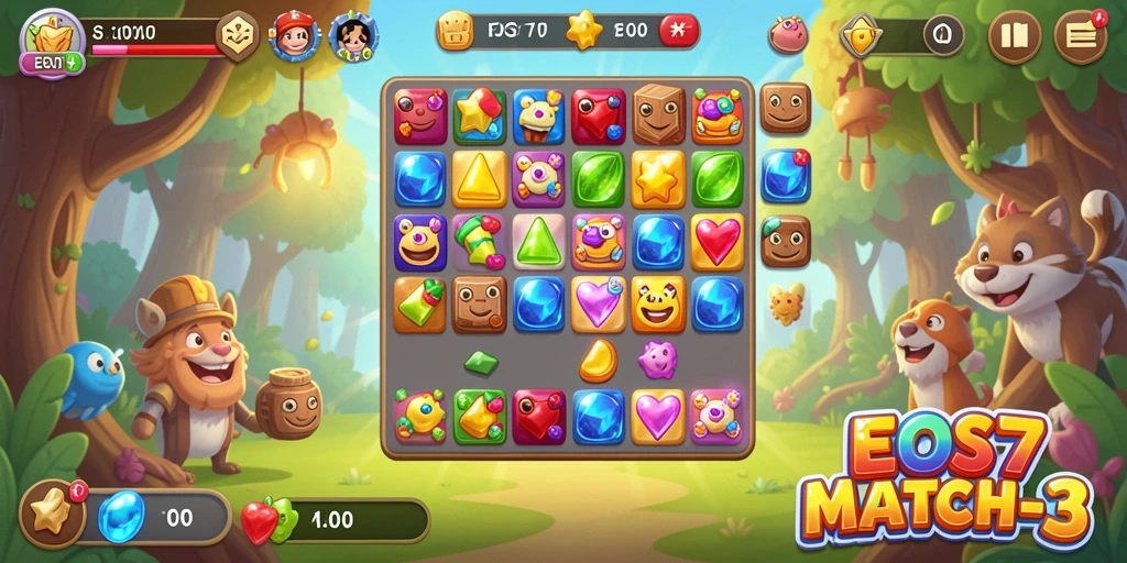 Tampilan gameplay seru EOS77 dengan berbagai permata berwarna.