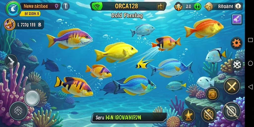 Screenshot gameplay ORCA128 menampilkan aksi menembak ikan yang seru.