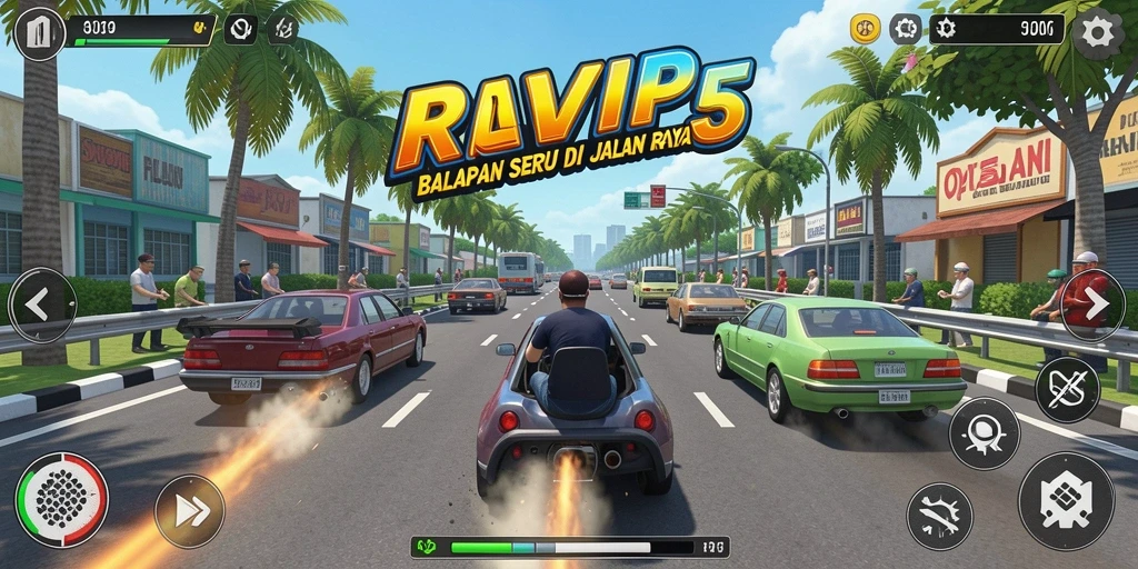 Screenshot gameplay RVIP5 yang menunjukkan aksi balapan yang mendebarkan.